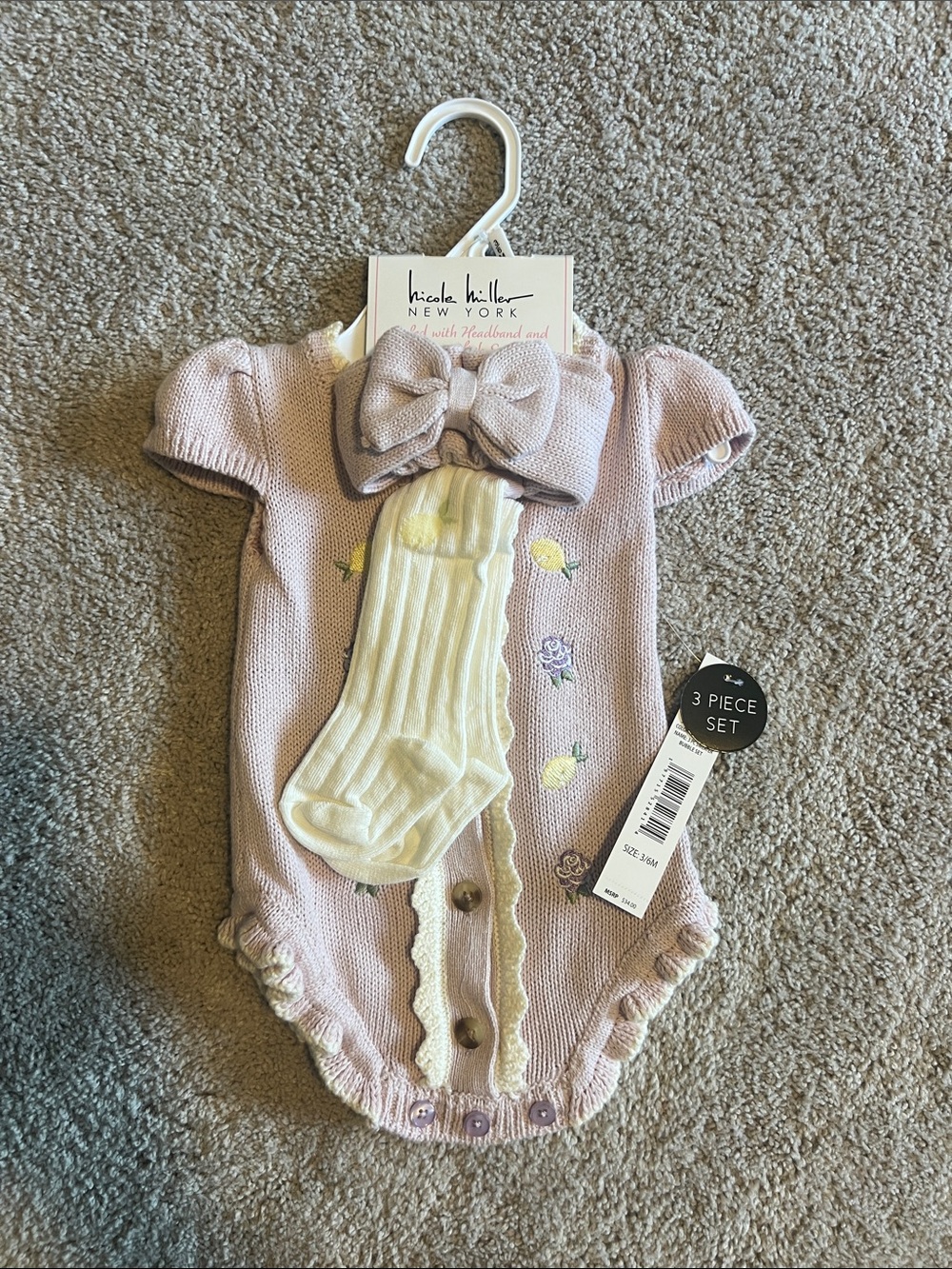 Nicole Miller Pink Knit Bow One-Piece with Cream Socks